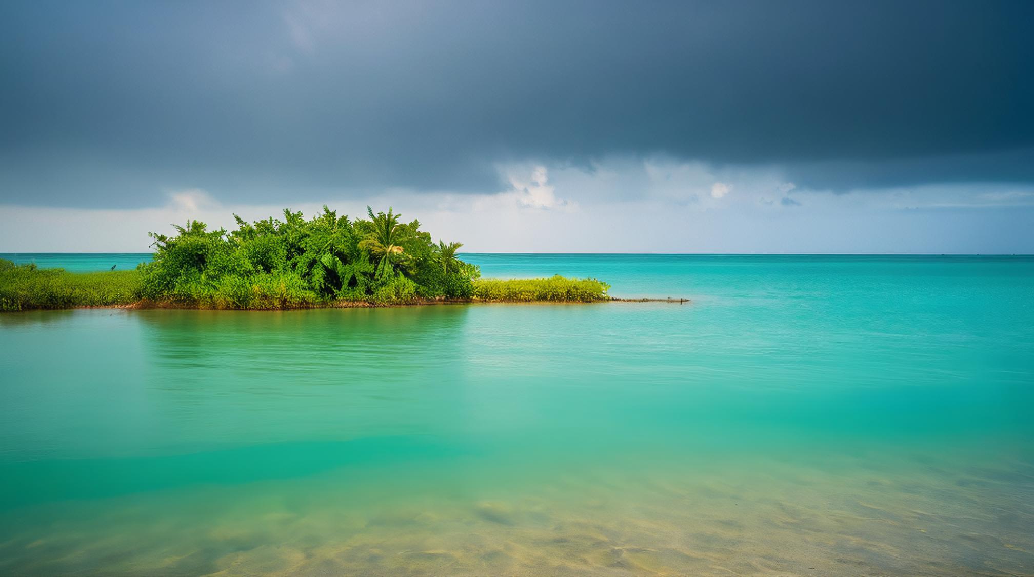 art by Manjit Bawa , photograph, landscape of a Luminescent Lagoon of the Sea Fairies, Stormy weather