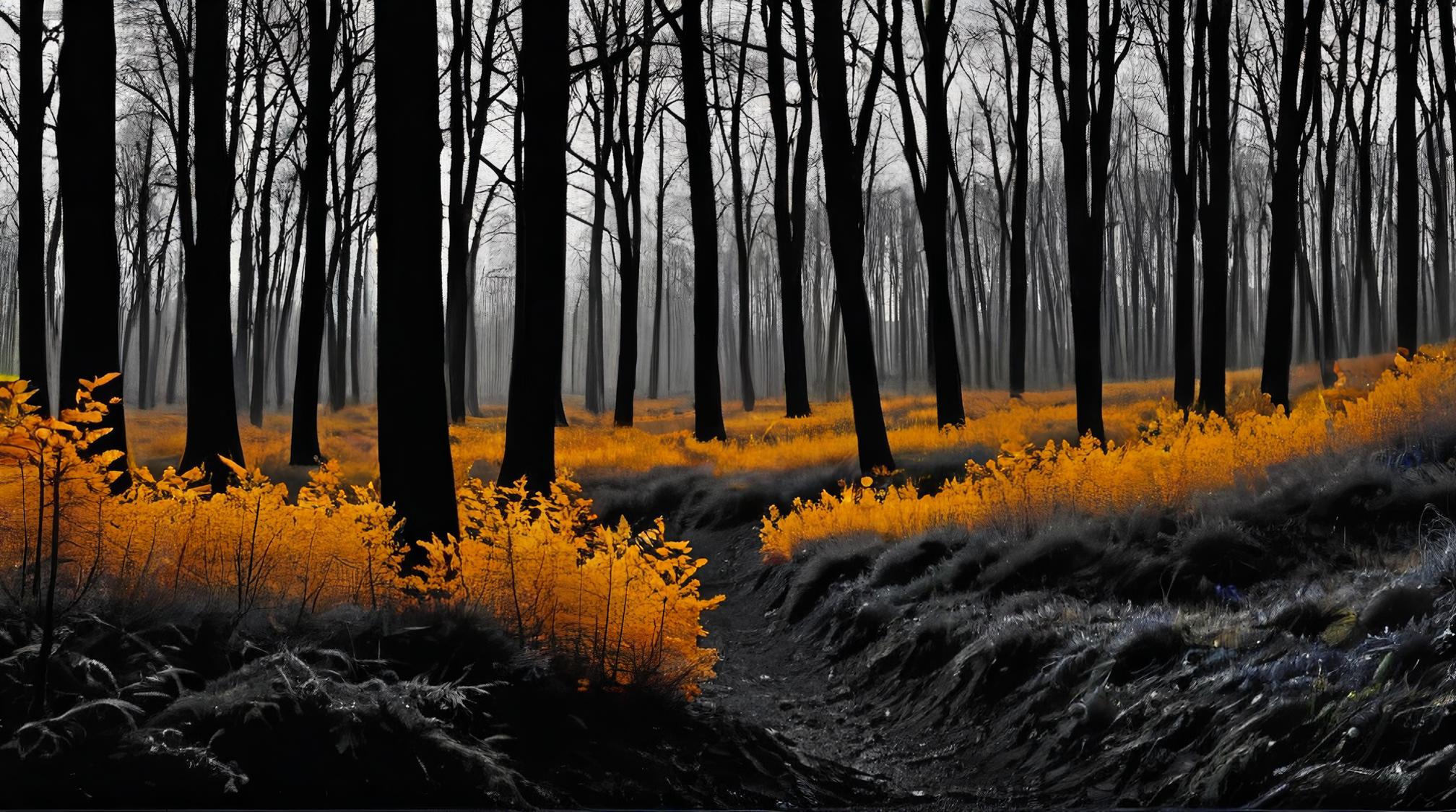 Rollerwave, landscape of a Woodland and Shrubland, Depressing, stylized by Alvin Langdon Coburn