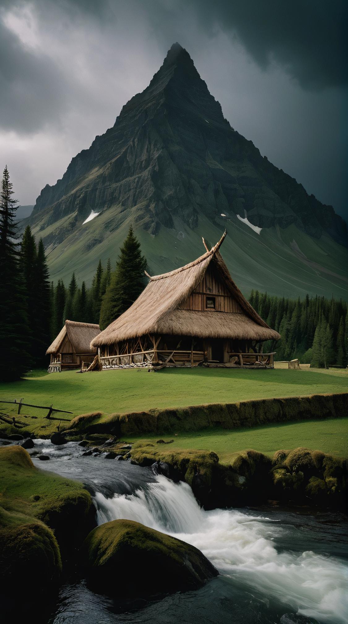 designed by John Currin and Yervand Kochar , Cosplay Photograph, landscape of a Floating Incredibly Detailed Stormy Peak and Viking longhouse, Awe