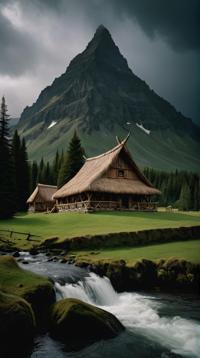 designed by John Currin and Yervand Kochar , Cosplay Photograph, landscape of a Floating Incredibly Detailed Stormy Peak and Viking longhouse, Awe