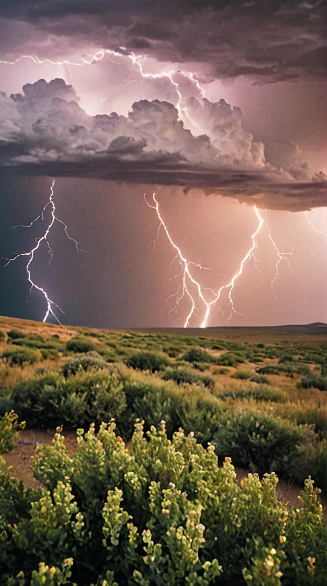stylized by Carson Grubaugh and Einer Johansen , photograph, landscape of a Xeric Shrublands Shrub Steppe , Thunderstorm