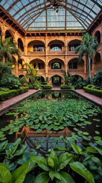 by Bikash Bhattacharjee, photograph, landscape of a Moist Space Opera House from inside of a Botanical Garden, at Sunrise