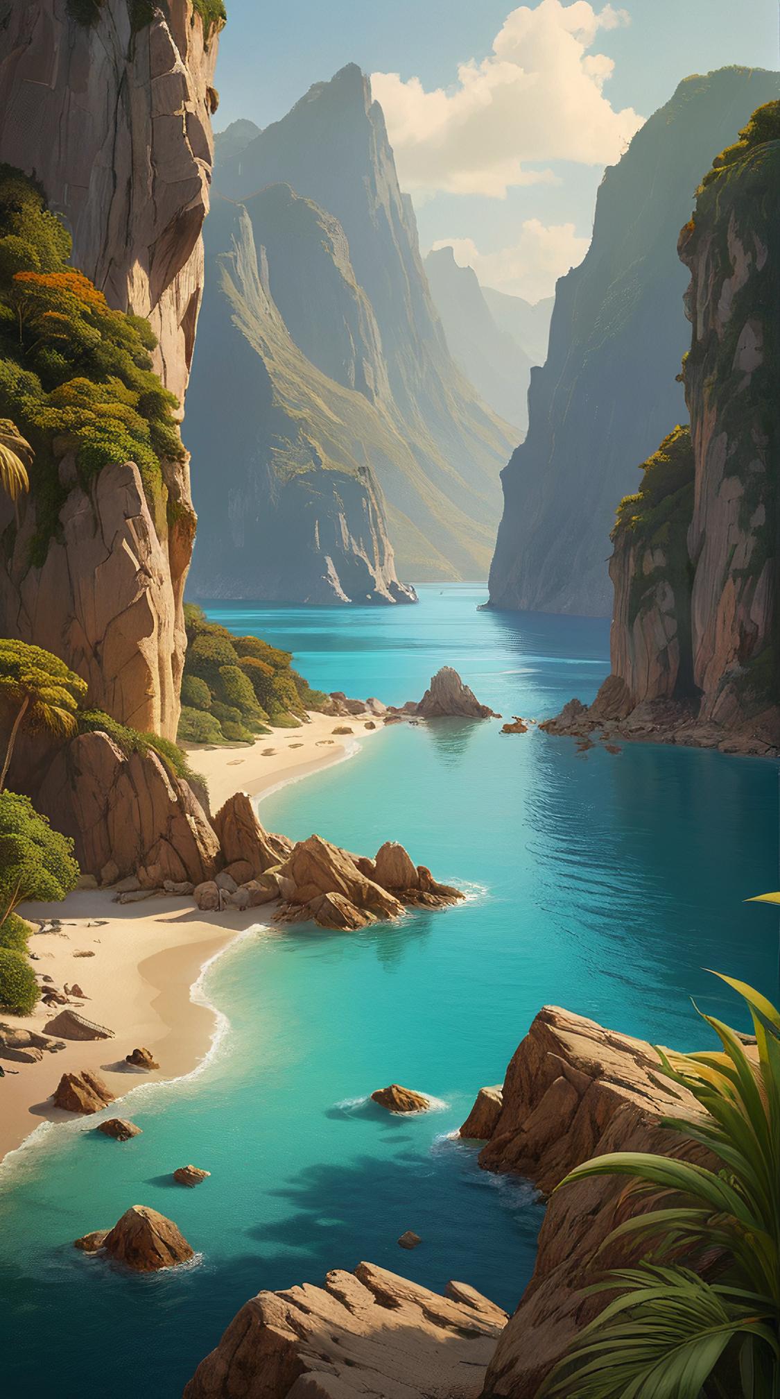 art by Fernand Toussaint , landscape of a Inlet, Jagged and Traditional, mm lens