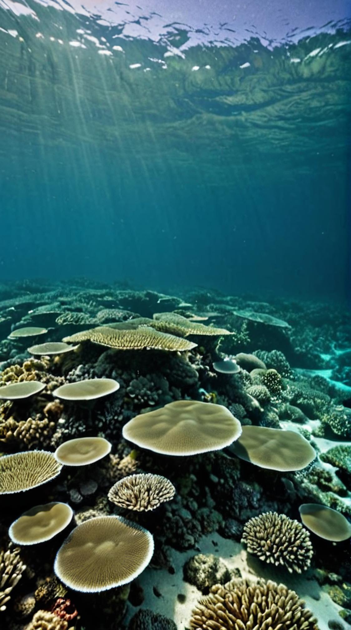 by Ludwig Fahrenkrog , photograph, landscape of a Atmospheric Beautiful The Great Barrier Reef from inside of a Ocean, flat lighting