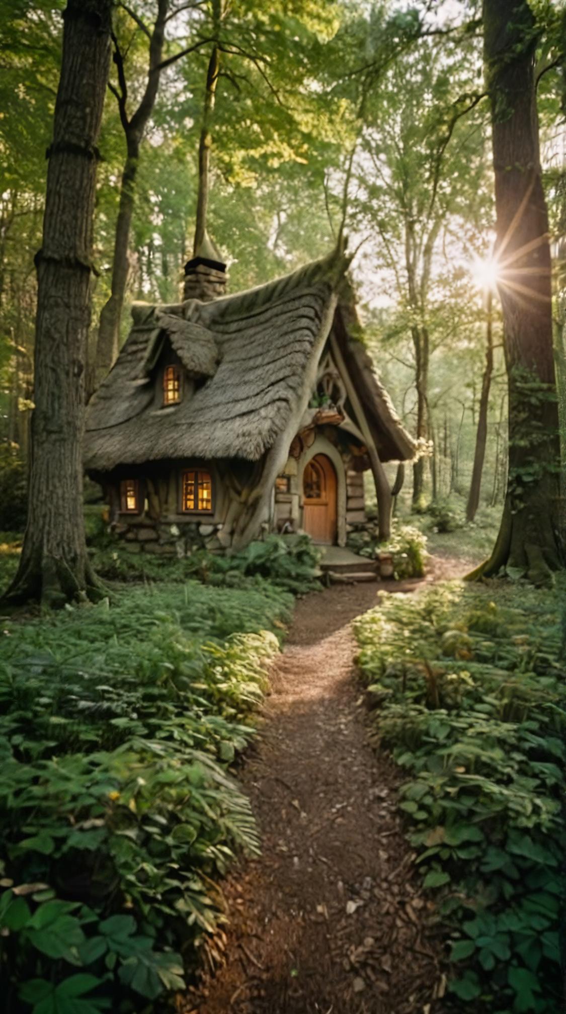 designed by Matt Granz , photograph, landscape of a Enchanted Woods and Fairy godmother s cottage, it is Bewitching