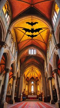 by Duccio , renaissance art, wide angle of a Flimsy Courier Bat , inside a Iglesia de la Compa a
