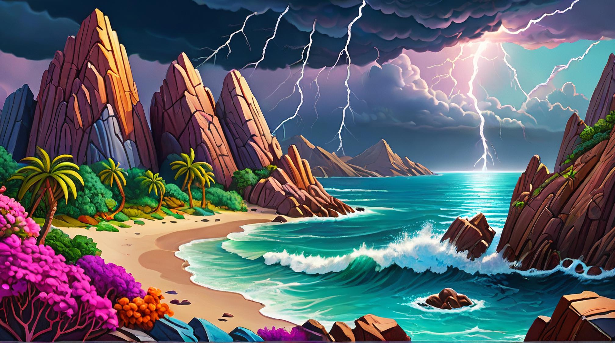 landscape of a Dynamic Gorgeous Coastal Biome, Thunderstorm, details of rock and gems, Three dimensional art