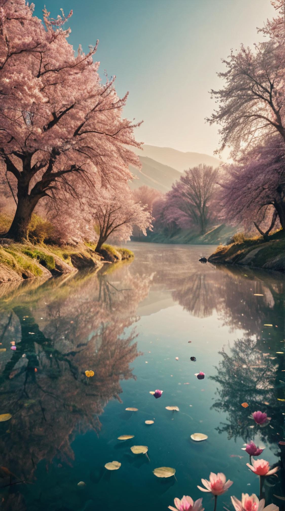photograph, landscape of a Galactic Cybernetics Lab and Serene river, Underwater and Pittoresque, surrounded by ethereal color blossoms