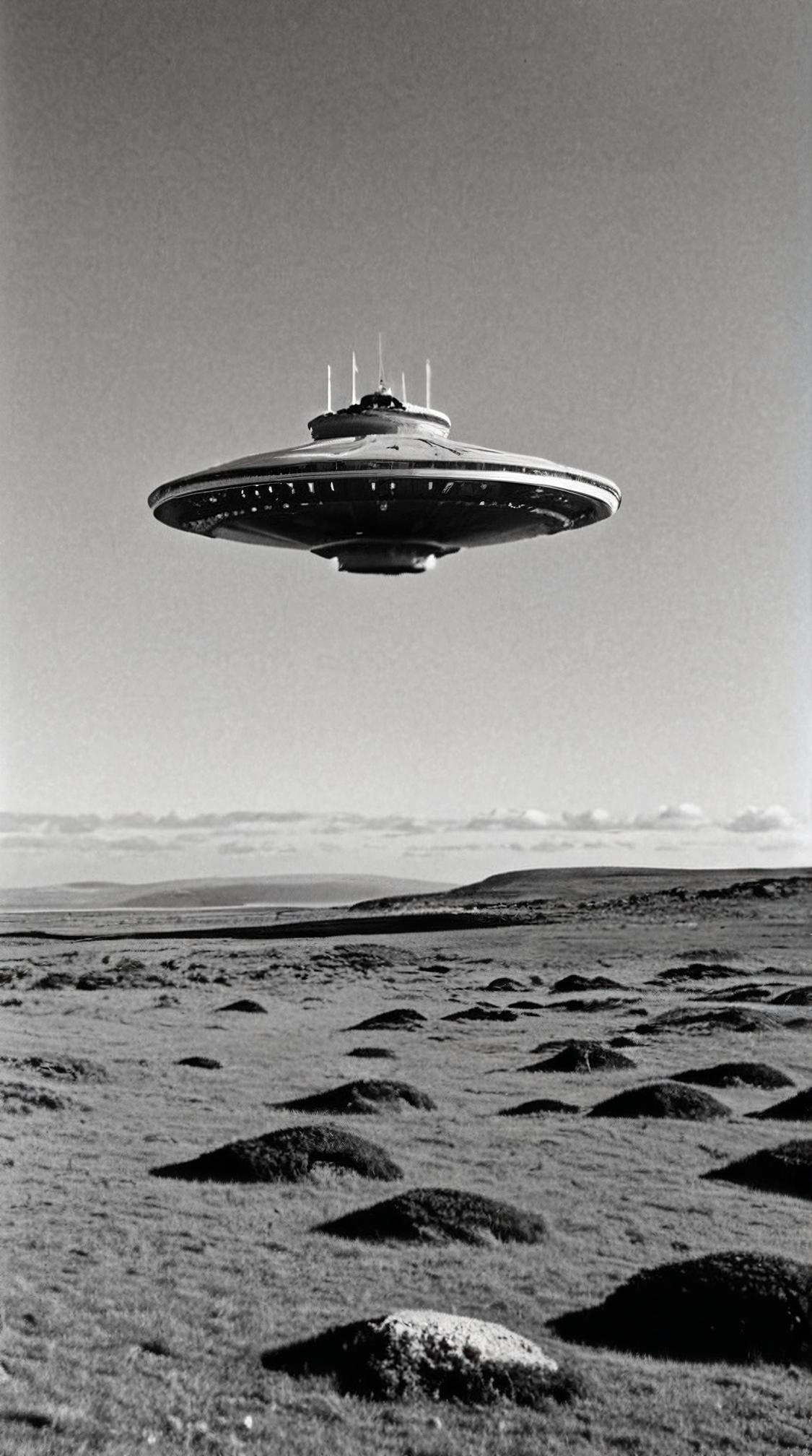 photograph, landscape of a Falkland Islands and Alluring Spaceship, it is very Arcadian and Awe Inspiring, Evil