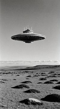 photograph, landscape of a Falkland Islands and Alluring Spaceship, it is very Arcadian and Awe Inspiring, Evil
