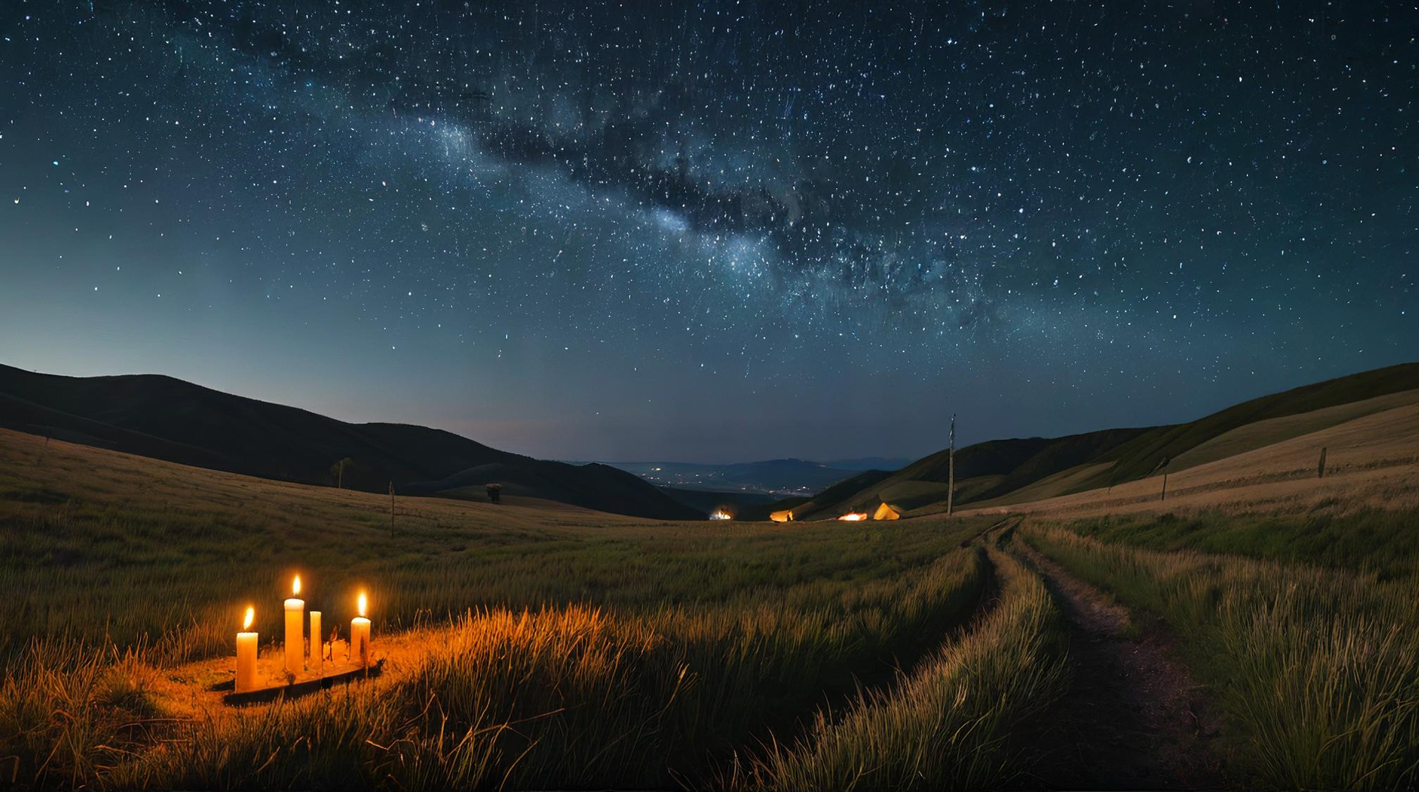landscape of a Unnatural Thermokarst Pampas and traditional Basque Canis Minor constellation, at Overcast, Surrealism Art, Candle light