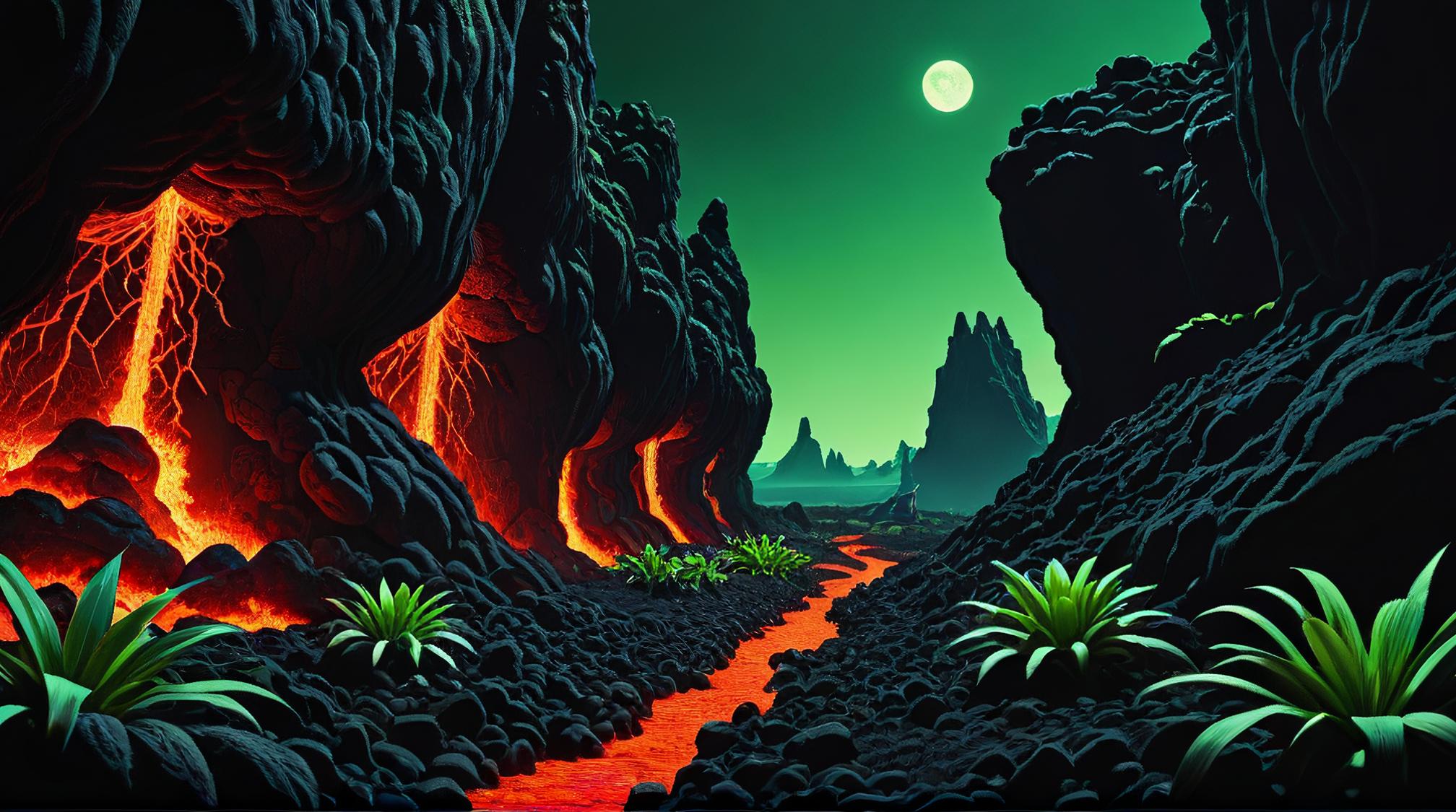 designed by David Sims, dungeon, landscape of a Lush S Lava Field and Moonlit glade, Synthpunk
