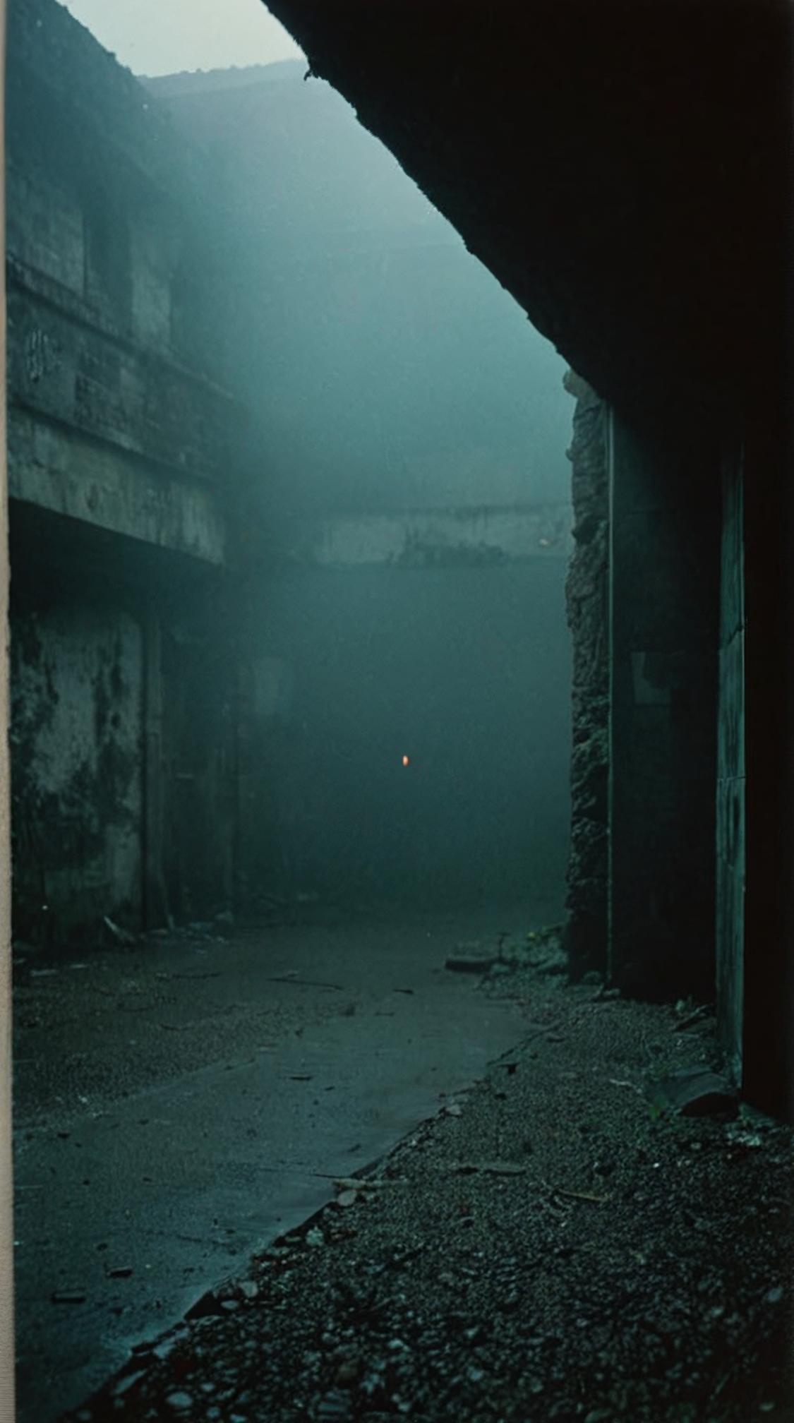 photograph, dense fauna, landscape of a Metallic Insensitive Gravensteen from inside of a Nuclear missile silo, inside of a Nightclub