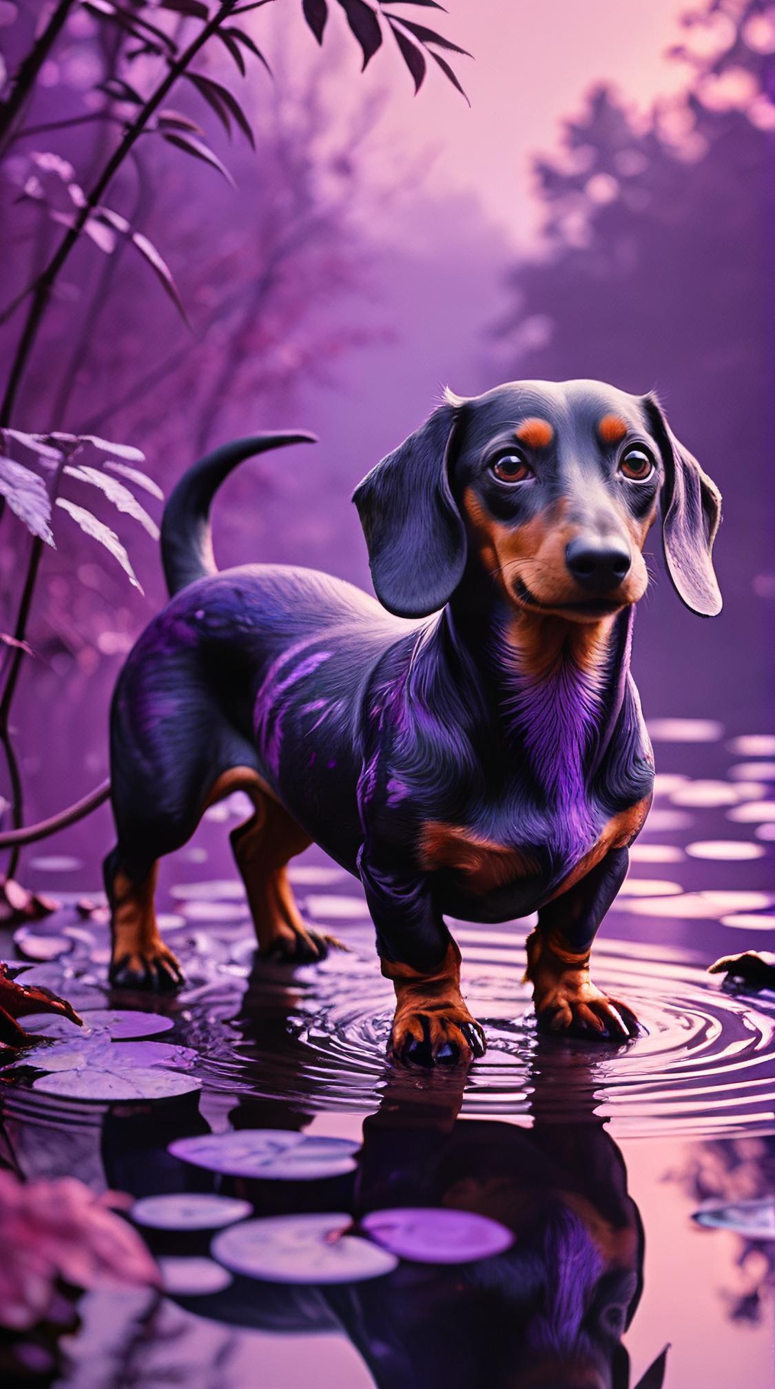 fantasy art designed by Virgil Finlay and Eddie Del Rio, horror art, ground level shot of a Grotesque Baltoy Dachshund hybrid, foliage and Violet background