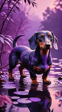fantasy art designed by Virgil Finlay and Eddie Del Rio, horror art, ground level shot of a Grotesque Baltoy Dachshund hybrid, foliage and Violet background