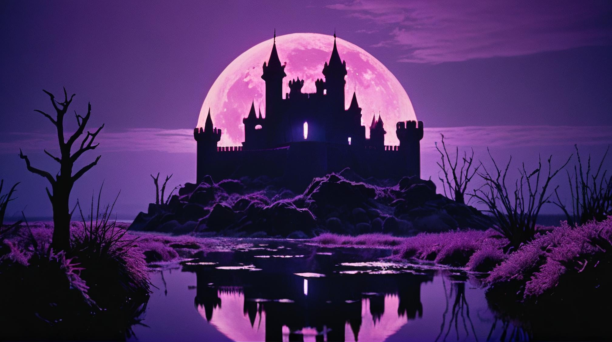 art by Nicholas Hughes , photograph, landscape of a Underwater Pink, Purple and Lavender Moonlight Fortress of the Silver Shadows
