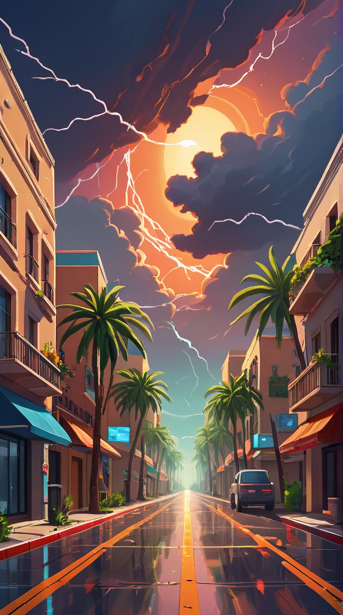 stylized by Vincent Di Fate , landscape of a Mesmeric Varied Chaparral , street, Hurricane