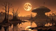 landscape of a Swamp and Asteroid mining colony, Rich, fauna, at Twilight