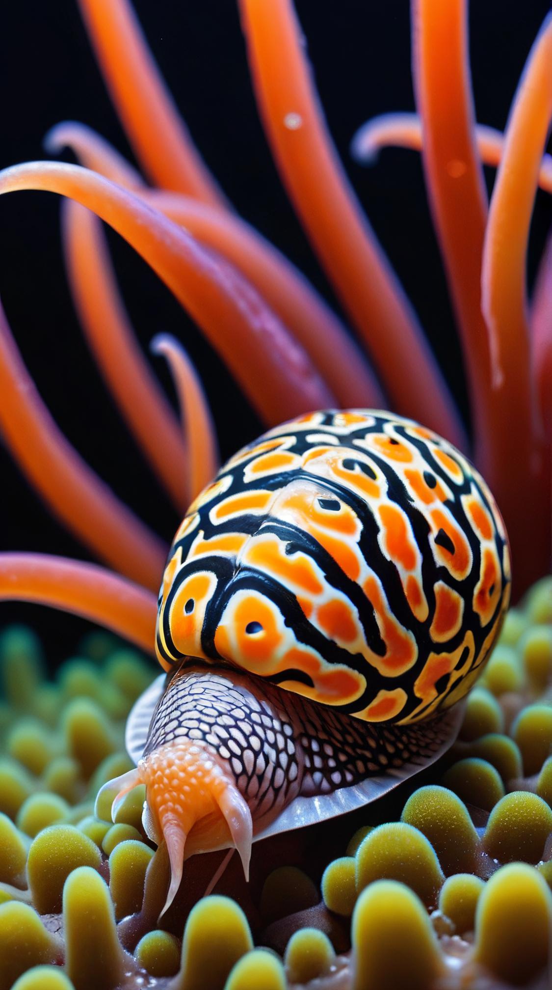 Flamingo Tongue Snail, Hideous and Ancient, ambient background, dynamic dramatic beautiful full taking