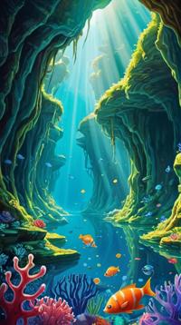 by Iwona Lifsches, photograph, landscape of a Vibrant Underwater Canyon from inside of a Mythical creature sanctuary, at Sunrise