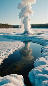 photograph, landscape of a Frozen Tundra and Geyser field, Dynamic, Aestheticism