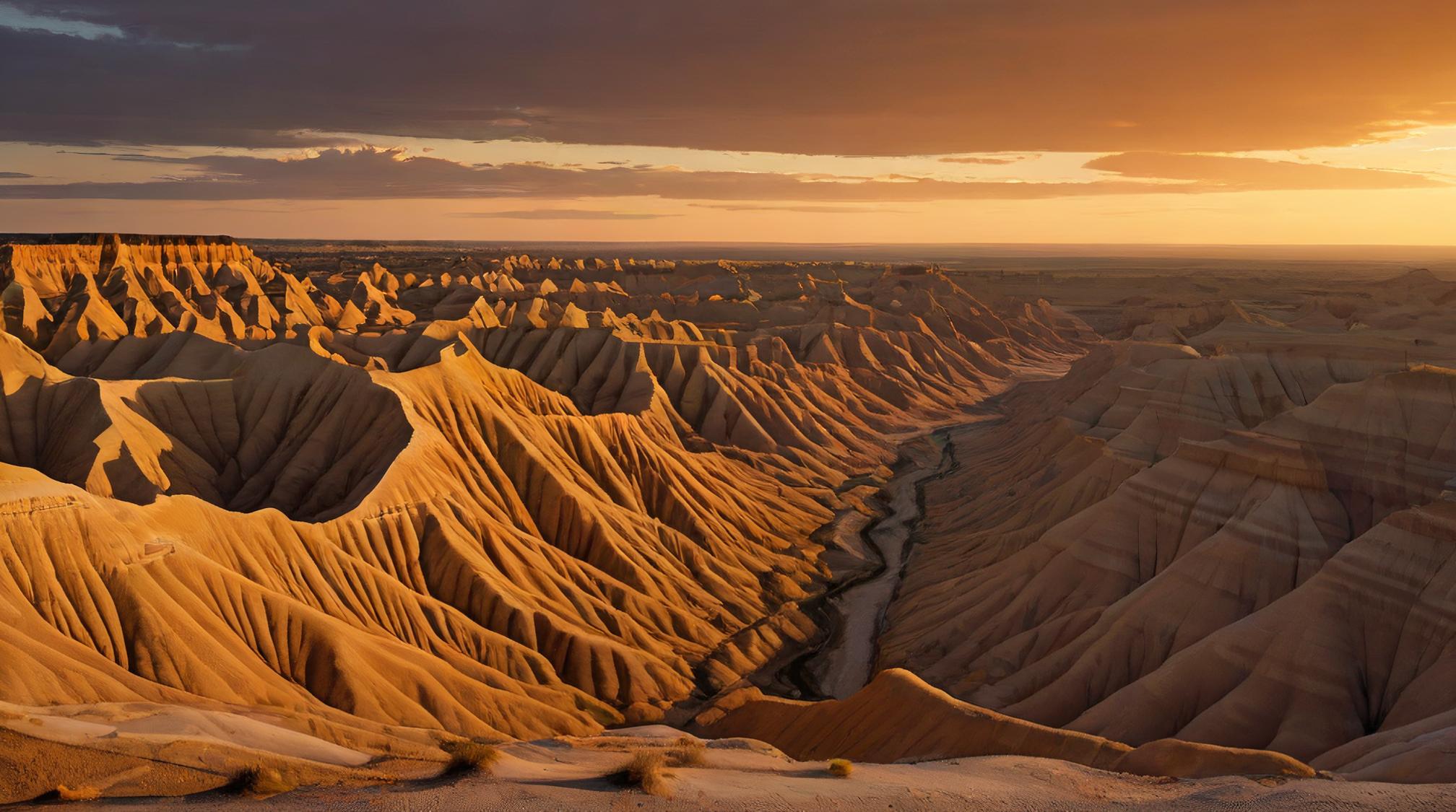 landscape of a Badlands, Mystifying and Apocalyptic, at Golden hour, Depressing
