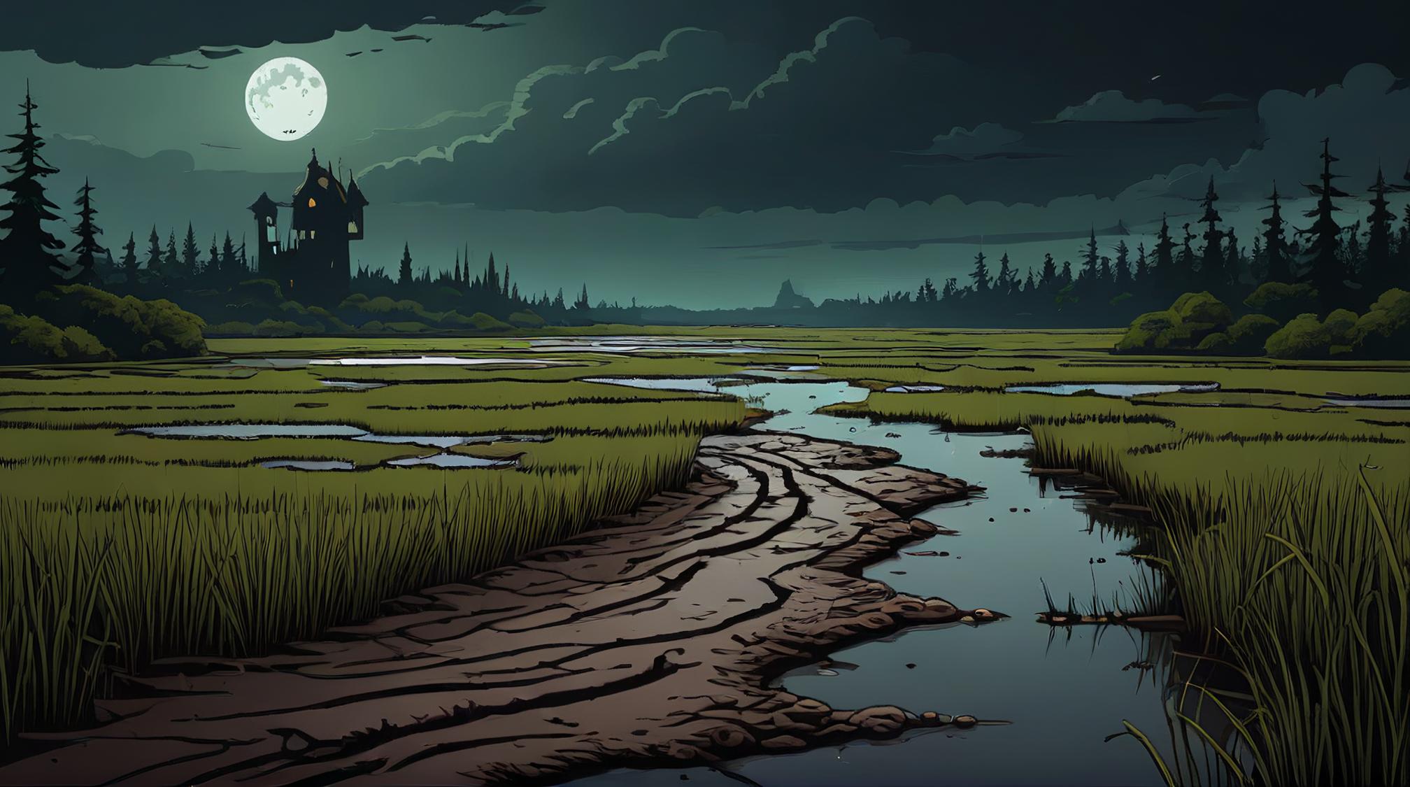 landscape of a Varied Mud Flat, Illustration, Cutepunk, moody lighting