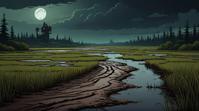 landscape of a Varied Mud Flat, Illustration, Cutepunk, moody lighting