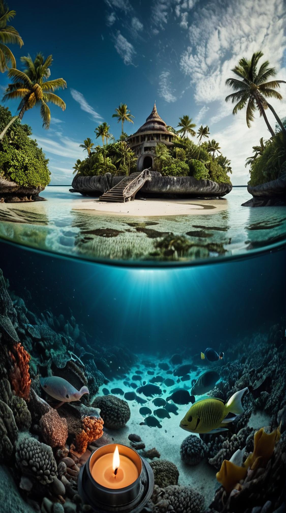 photograph, hyper detailed, landscape of a Fantastical Atoll, Peasant background