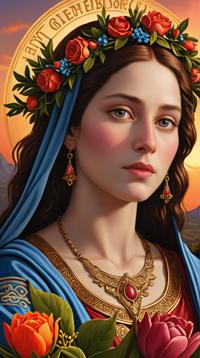 art by Marie Bashkirtseff, Hans Memling, close up of a Greek Female Celestial , the Celestial is Charismatic and Nasty