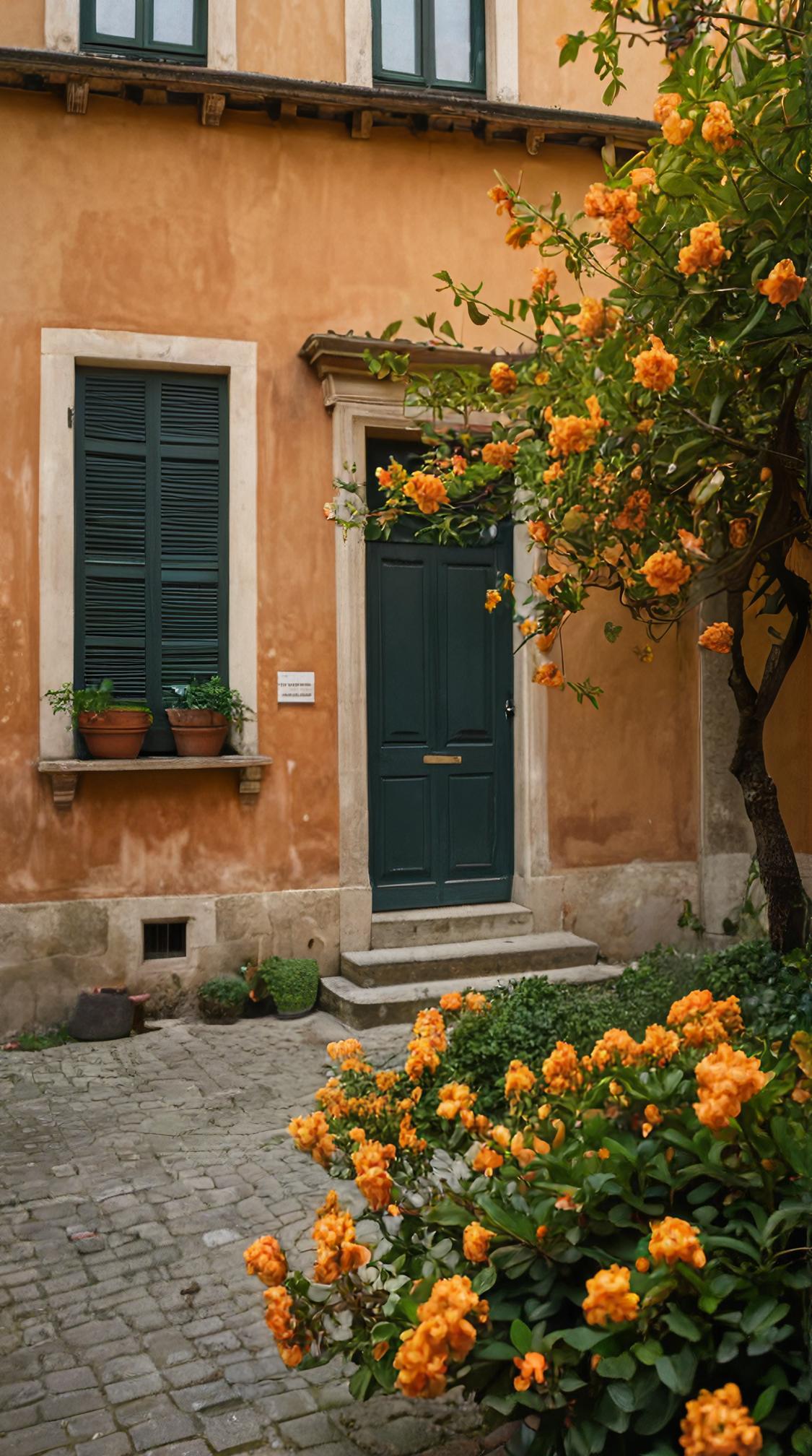 photograph, landscape of a Fennmont and Traditional Italian Townhouse, orange blossoms, art by Helen Frankenthaler