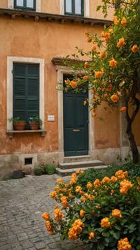 photograph, landscape of a Fennmont and Traditional Italian Townhouse, orange blossoms, art by Helen Frankenthaler