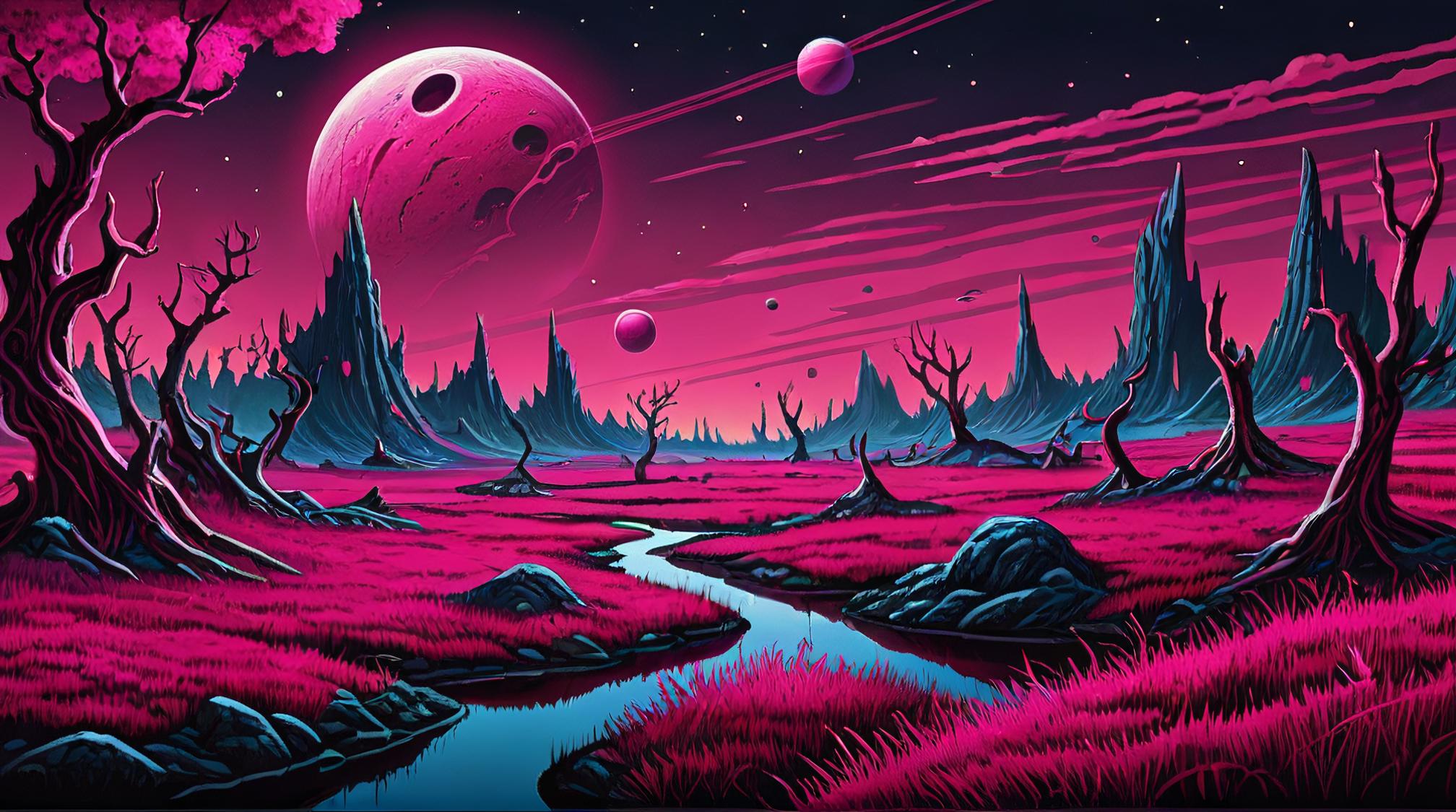 landscape of a Uptight Fen and Alien planet surface, background, humor, dark and gothic themes