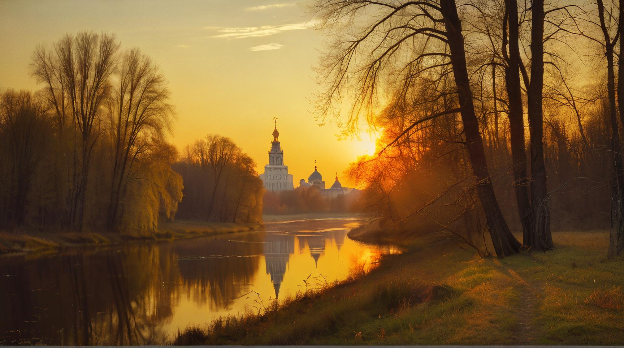 art by Abbott Handerson Thayer, photograph, landscape of a Moscow, at Golden hour