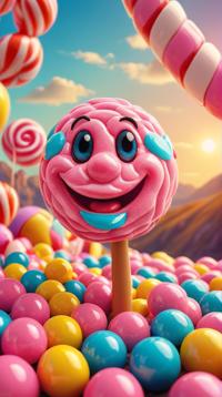Cinematic still, Portrait of a Symbolic I want candy, bubblegum and taffy , Sun in the sky