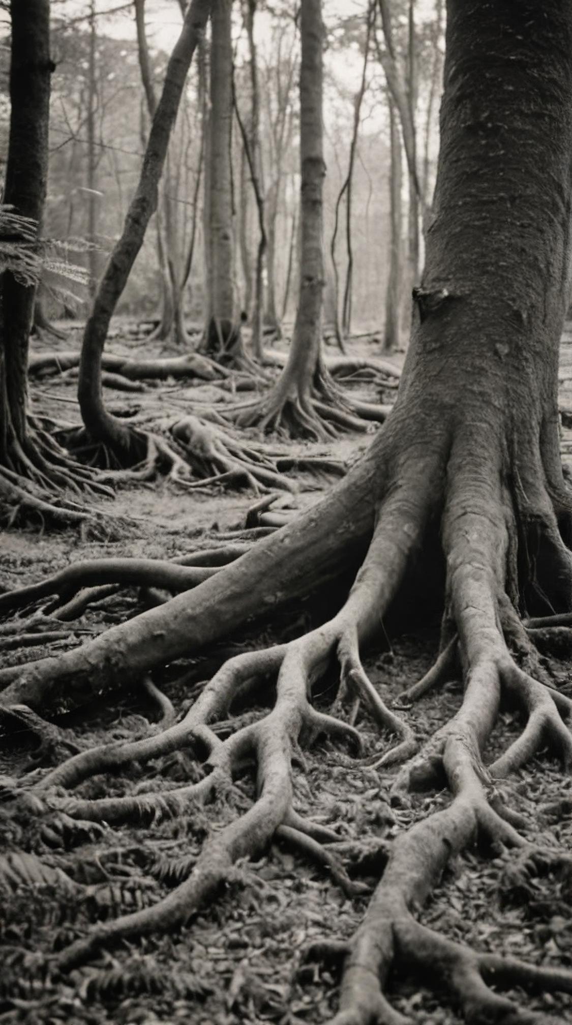 art by Ben Nicholson , photograph, landscape of a Dull Foul Timeless Isle, roots and Fern background