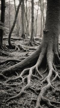art by Ben Nicholson , photograph, landscape of a Dull Foul Timeless Isle, roots and Fern background