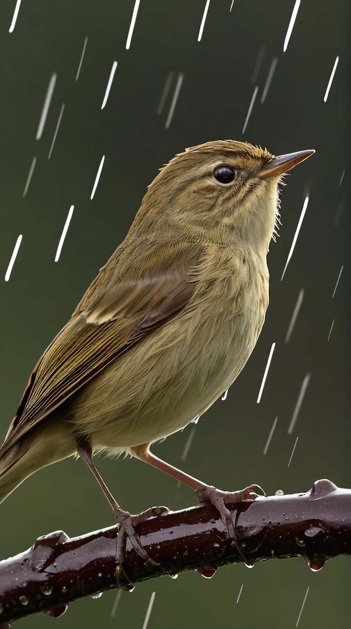 angle from below of a Common Chiffchaff, it is Angry, background, Raining