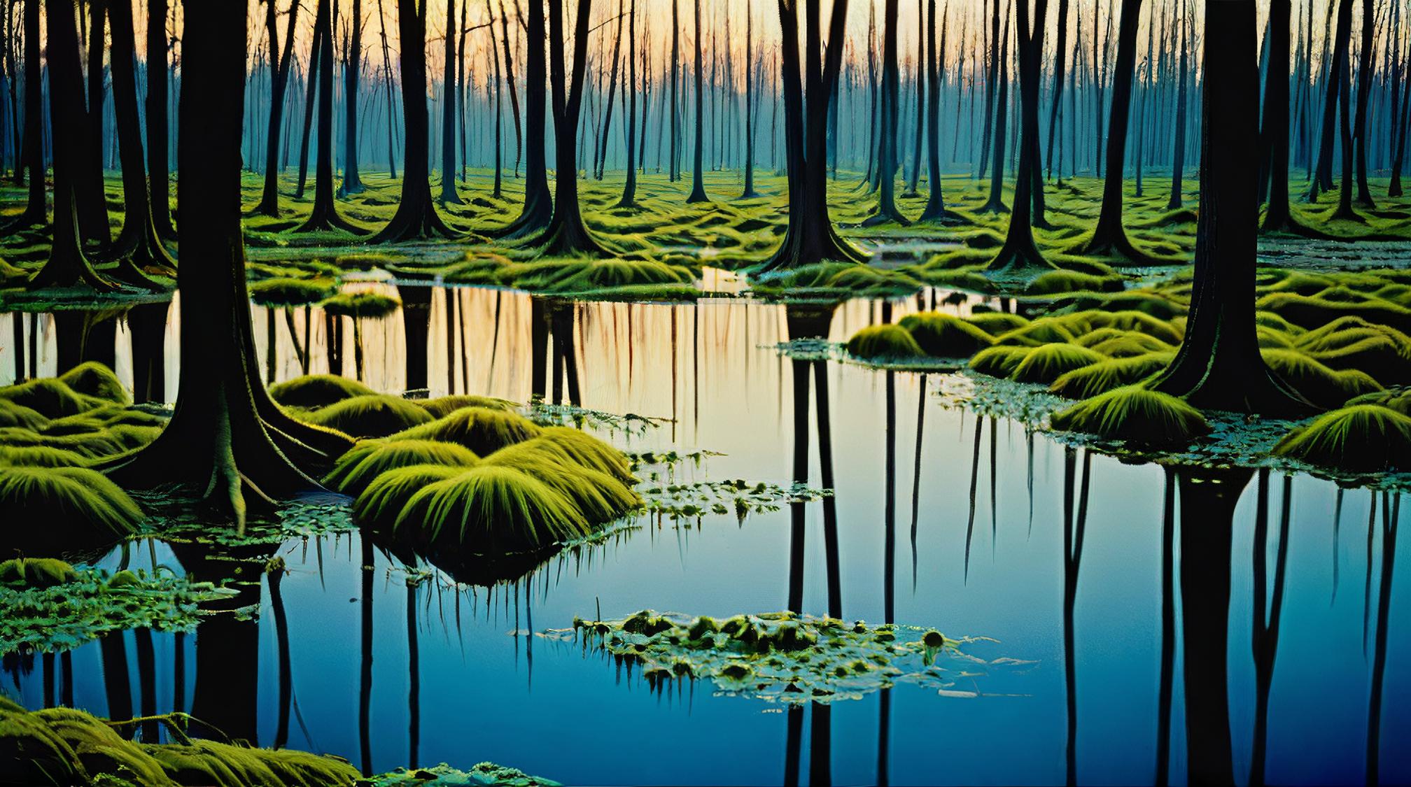 art by Ernst Haas , nature, surreal, landscape of a Swamps