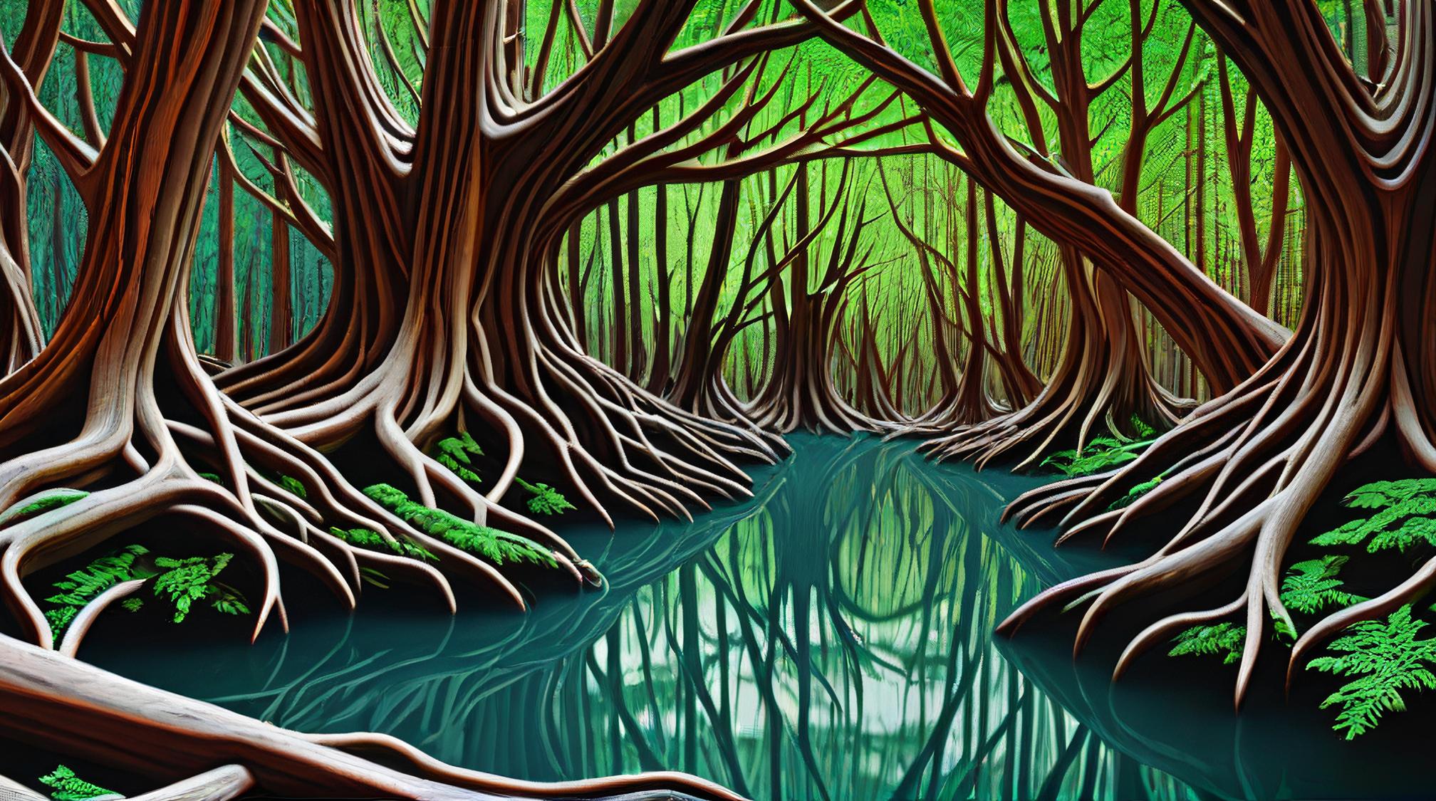 landscape of a Mangrove Interior Cedar Hemlock , ultrafine detailed, Amusing, Cutepunk