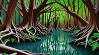 landscape of a Mangrove Interior Cedar Hemlock , ultrafine detailed, Amusing, Cutepunk
