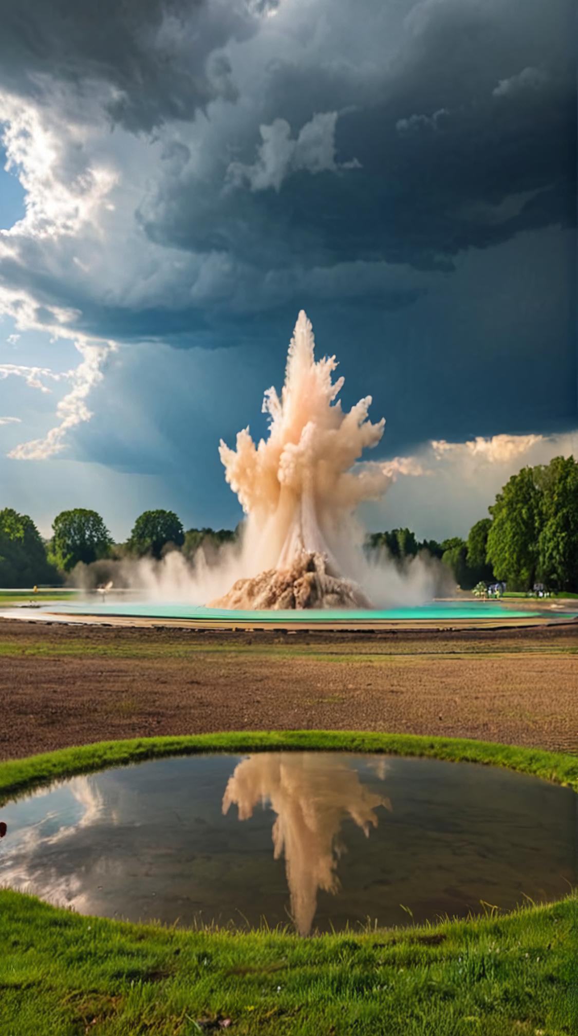 photograph, landscape of a Ultrarealistic Antwerp and Geyser field, intricate artistic color, Thunderstorm