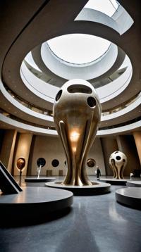 designed by Henry Moore, photograph, landscape of a Exceptional Space Exploration Base from inside of a Space station, Modernist sculpture