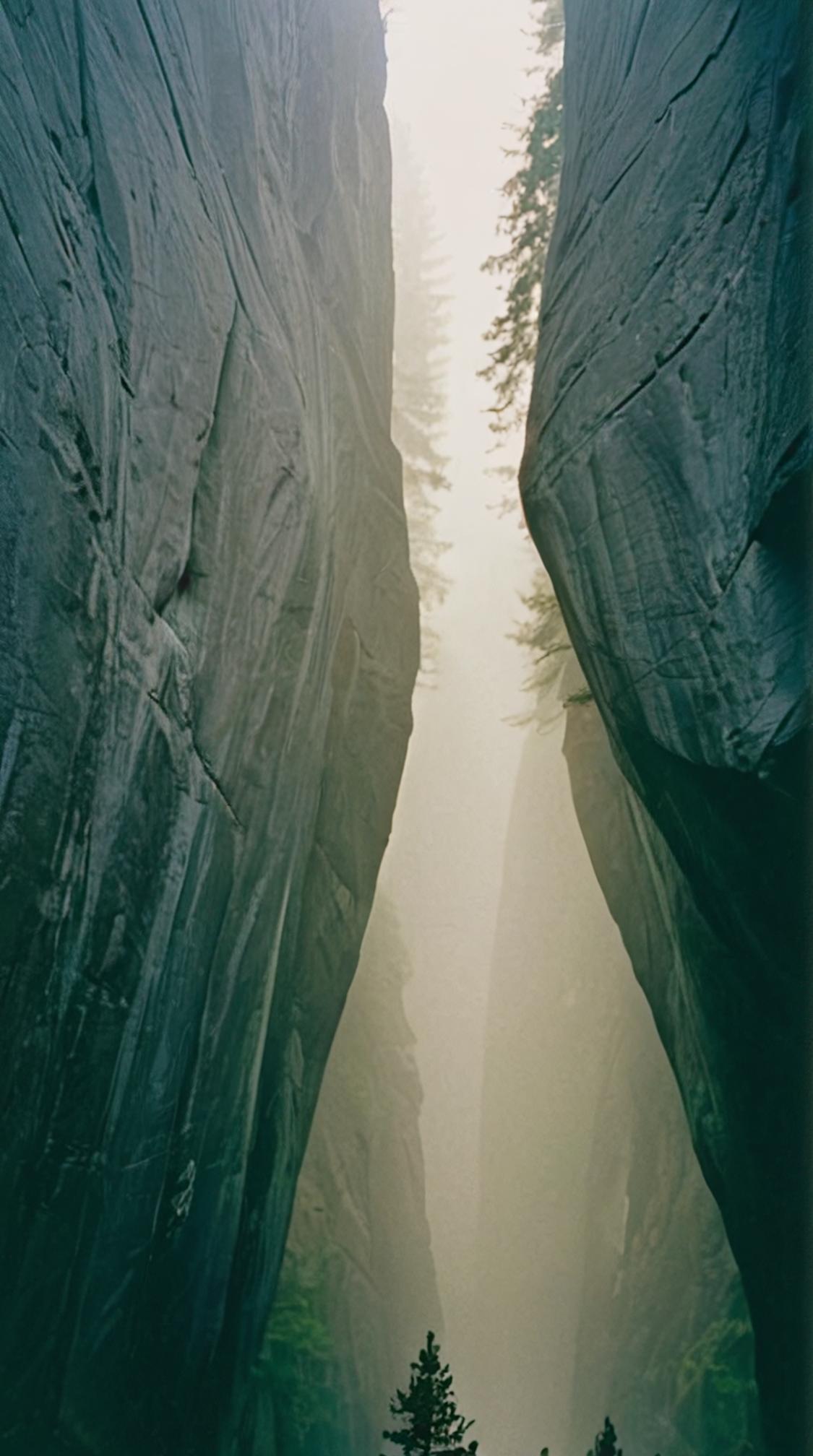 art by Georges Rousse and Oskar Fischinger, photograph, landscape of a S Yosemite Valley , Foggy
