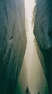 art by Georges Rousse and Oskar Fischinger, photograph, landscape of a S Yosemite Valley , Foggy