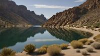 designed by David Goldblatt , landscape of a Unappealing Chaparral and Tranquil lake, detailed, gorgeous