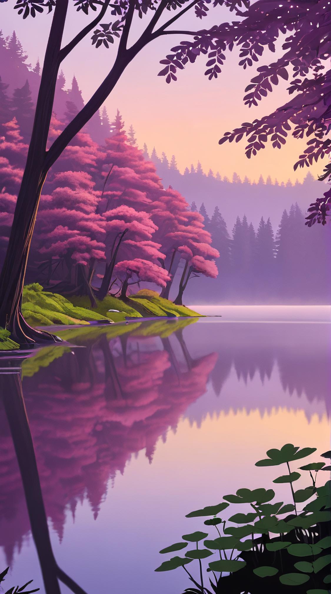 lush lake, Mauve Mulberry Redwood tree , Young, forged by Star Wars