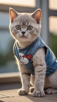 Magnificent ripped Ugandan British Shorthair Kitten Exotic Shorthair Kitten , wearing Sleeveless Denim shorts and graphic t shirt, at Overcast, side light