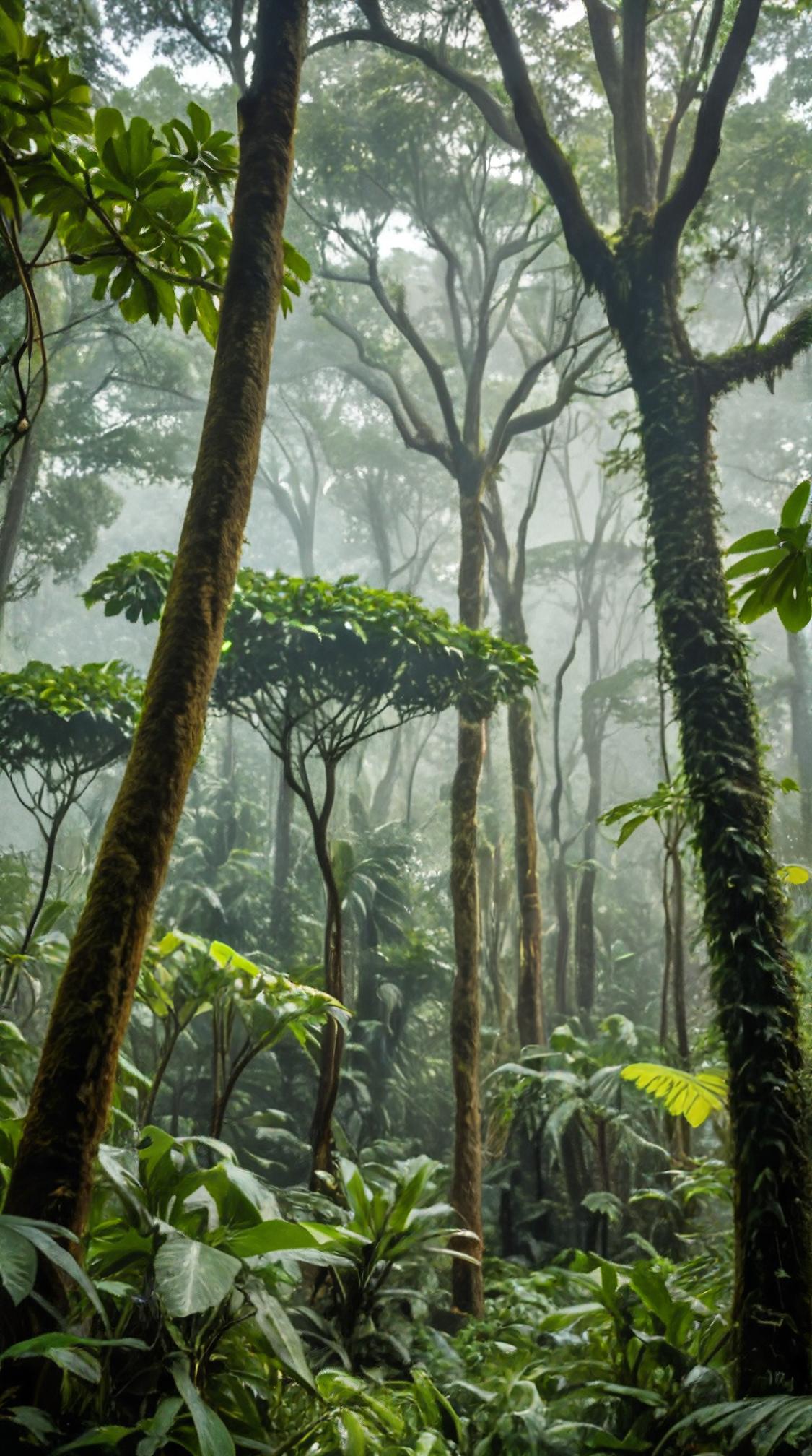 photograph, landscape of a Kushinagar and Polish Tropical rainforest canopy, Intricate, Foggy conditions