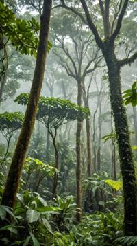 photograph, landscape of a Kushinagar and Polish Tropical rainforest canopy, Intricate, Foggy conditions
